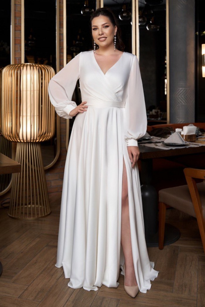 Свадебное длинное платье прямого силуэта с длинным рукавом и V-образным рукавом - 10-01 | Paulain