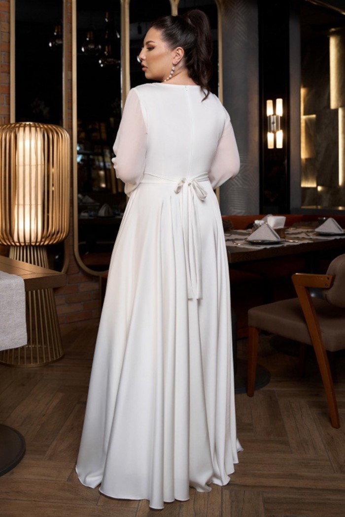 10-01 - Свадебное длинное платье прямого силуэта с длинным рукавом и V-образным рукавом | Paulain