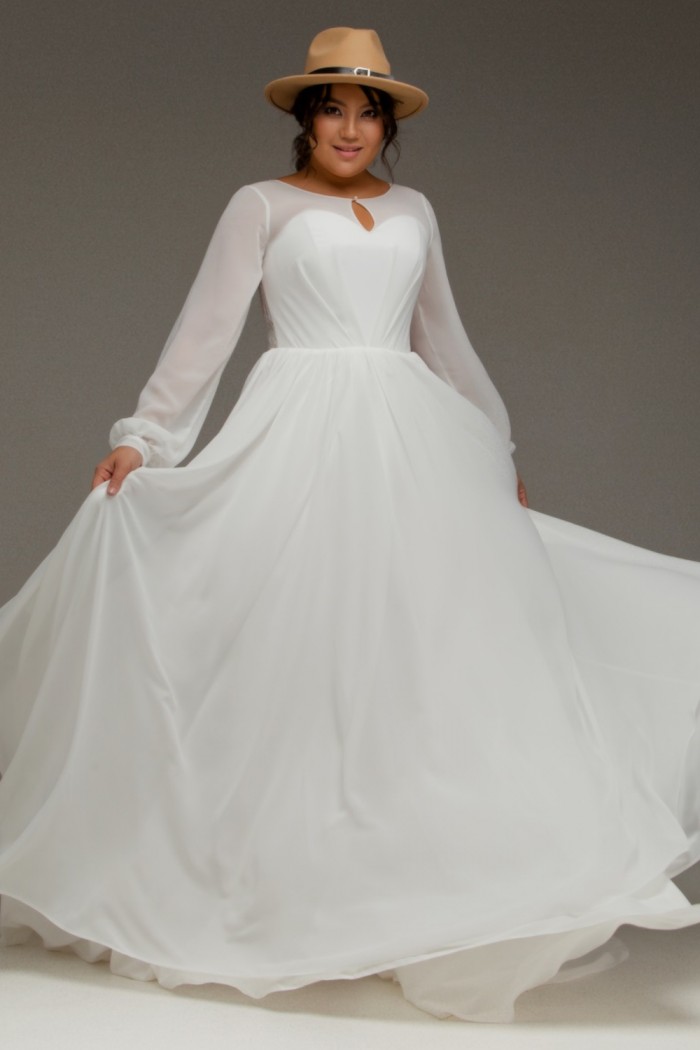 770 - Легкое свадебное платье в пол с длинным рукавом и с кружевом на спине | Paulain