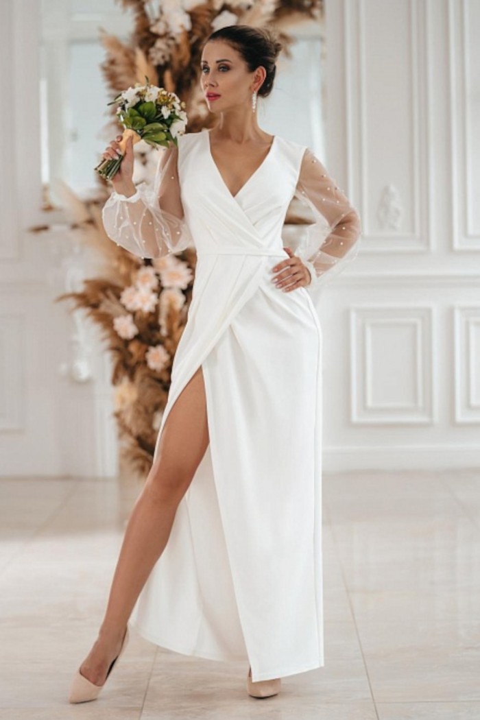 АНГЕЛИЯ - Лаконичное длинное свадебное платье с разрезом по ноге с длинным прозрачным рукавом | Paulain