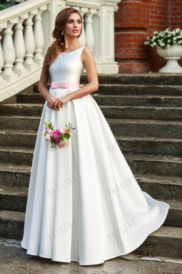 Свадебное платье из плотного атласа без рукава со шлейфом - МОНГЕОН | Paulain