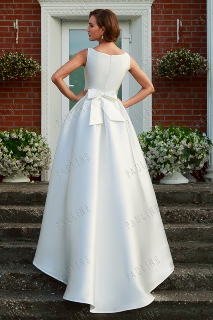 МОНГЕОН - Свадебное платье из плотного атласа без рукава со шлейфом | Paulain