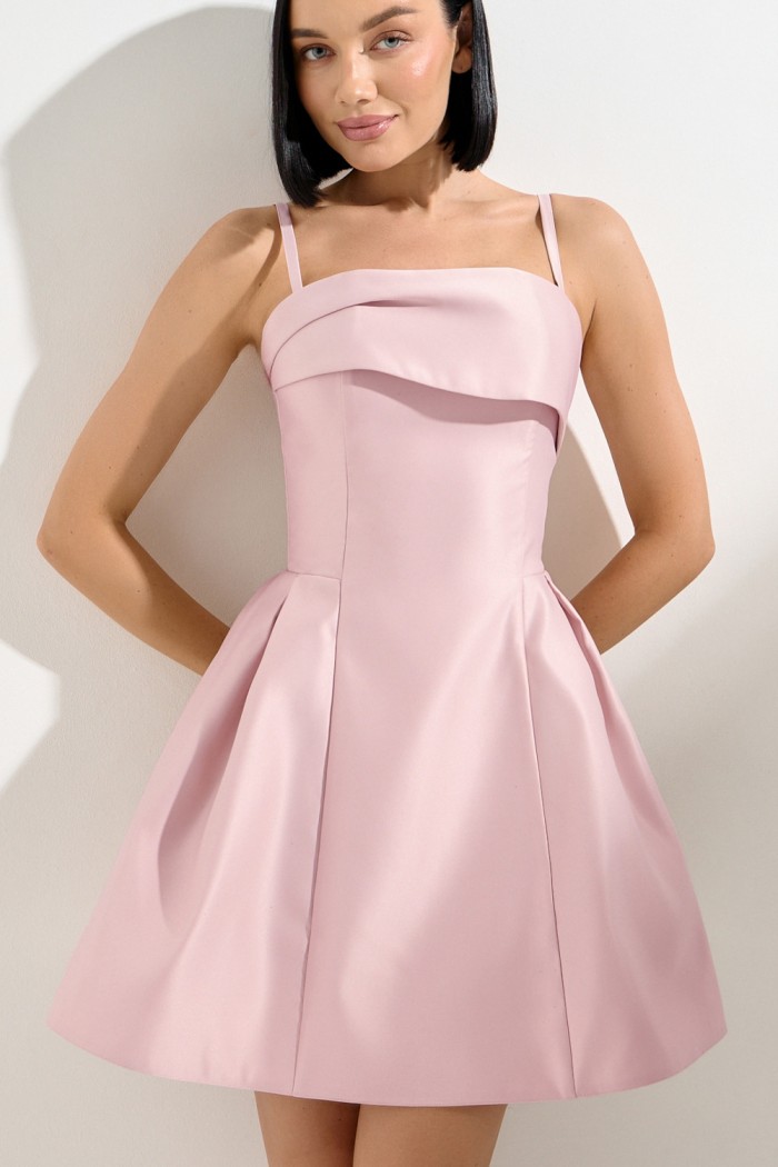 Атласное розовое платье мини длины на тонких бретелях и отворотом-лепестком - ЛУЧШАЯ ПОДРУГА | Paulain
