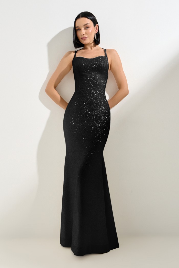 Длинное блестящее платье черного цвета силуэта рыбка на бретелях и шнуровке - ВЫЗОВ ПРИНЯТ | Paulain