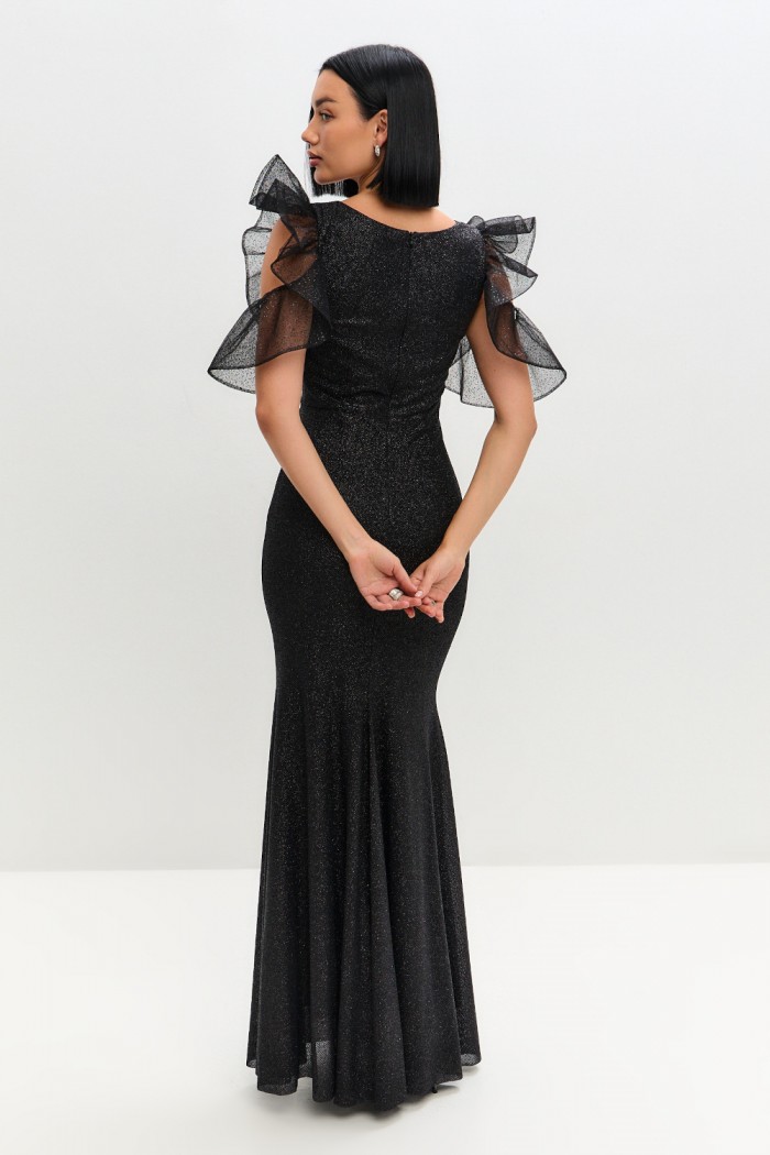 ПЕРВОЕ ВПЕЧАТЛЕНИЕ - Блестящее эффектное платье в пол по фигуре черного цвета с фигурным коротким рукавом | Paulain
