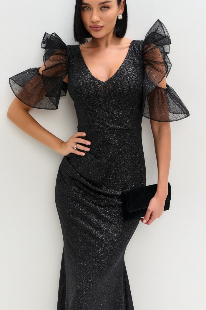 ПЕРВОЕ ВПЕЧАТЛЕНИЕ - Блестящее эффектное платье в пол по фигуре черного цвета с фигурным коротким рукавом | Paulain