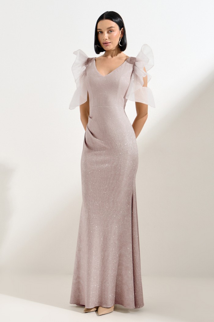 Блестящее длинное платье по фигуре розового оттенка с коротким фигурным рукавом - ПЕРВОЕ ВПЕЧАТЛЕНИЕ ЛАЙТ | Paulain