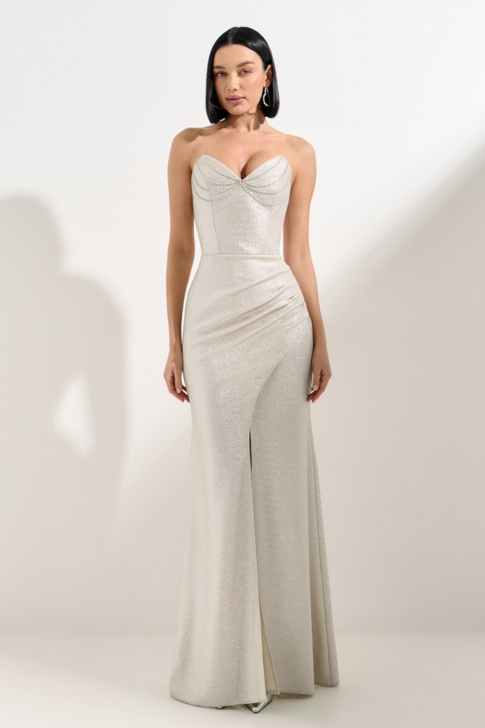 Облегающее вечернее платье в пол с разрезом по ноге и с драпировкой на бедре - СИЛА ПРИТЯЖЕНИЯ | Paulain