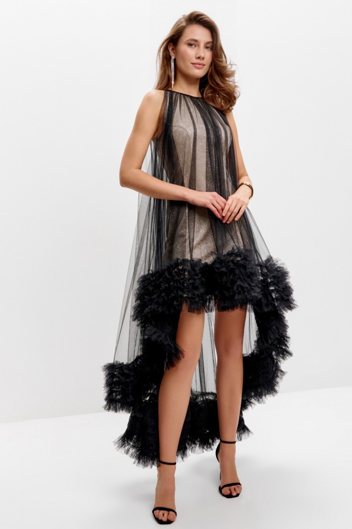 ЛИЛАС - Дизайнерское платье мини длины с длинной объемной туникой | Paulain