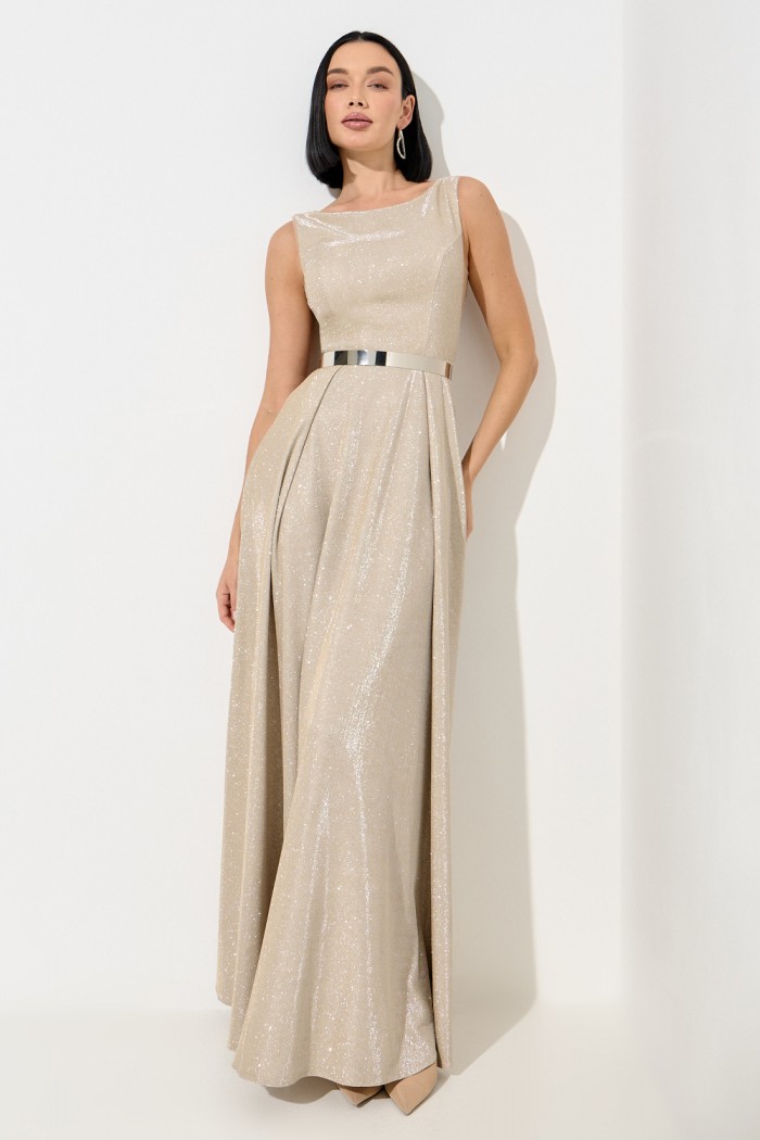 Длинное женственное платье светлого оттенка без рукава с горловиной лодочкой - ЛУННЫЙ СВЕТ | Paulain