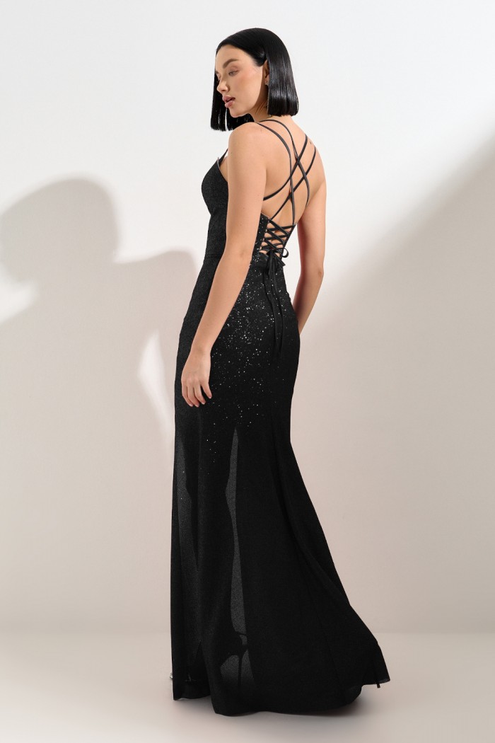 МОИ ПРАВИЛА - Блестящее черное платье в пол с короткой юбкой на бретелях и шнуровке | Paulain
