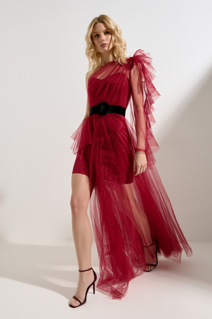 НОЧНОЙ МОТЫЛЁК Стильное длинное платье-трансформер со съемным рукавом оттенка марсала - НОЧНОЙ МОТЫЛЁК | Paulain