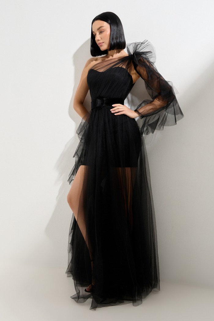 Оригинальное вечернее платье из мини-платья и фатиновой туники со съемным рукавом - НОЧНОЙ МОТЫЛЁК | Paulain