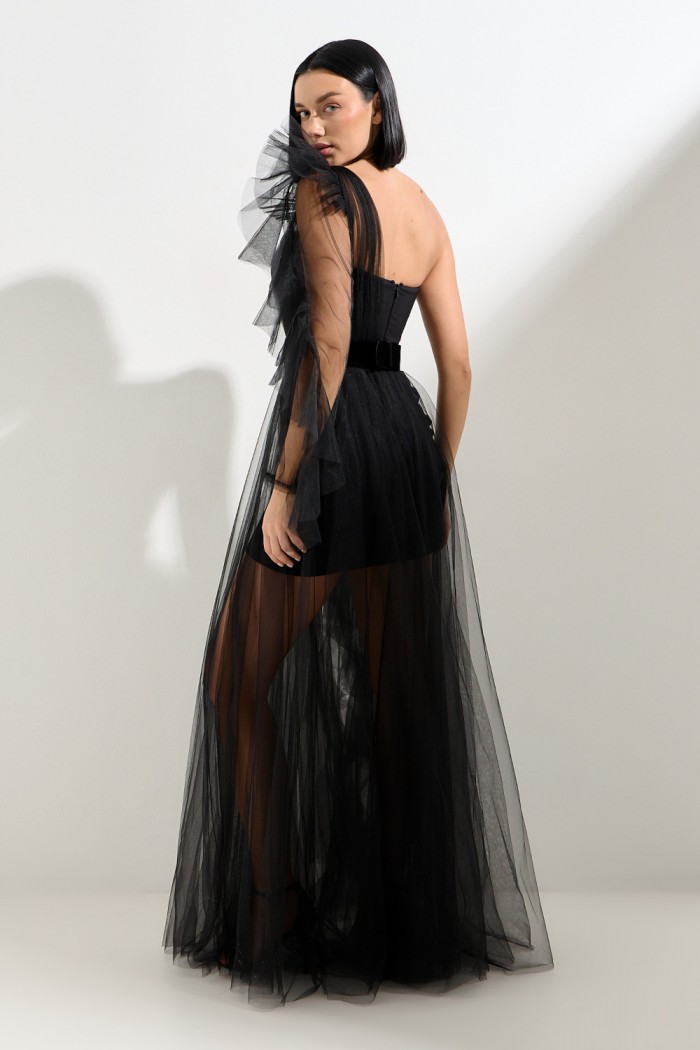 НОЧНОЙ МОТЫЛЁК - Оригинальное вечернее платье из мини-платья и фатиновой туники со съемным рукавом | Paulain