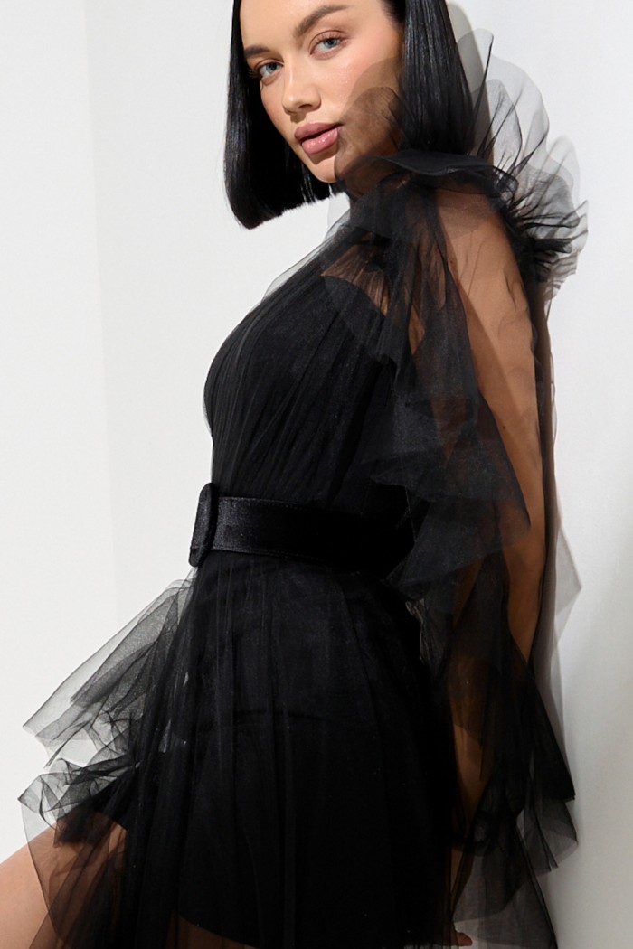 НОЧНОЙ МОТЫЛЁК - Оригинальное вечернее платье из мини-платья и фатиновой туники со съемным рукавом | Paulain