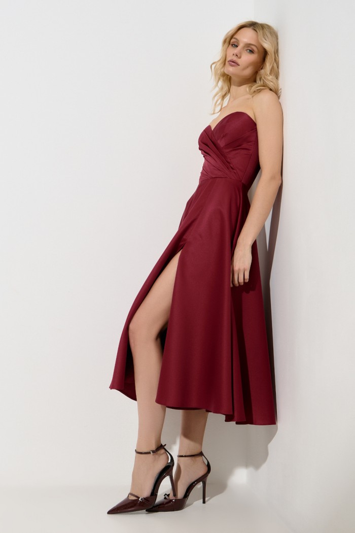 РОССА МИДИ - Коктейльное платье миди длины винного оттенка на корсете-сердечко  | Paulain
