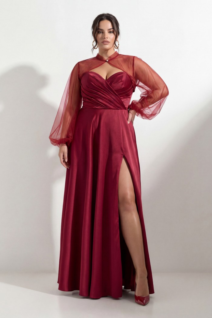Атласное открытое платье в пол на корсете с разрезом по ноге большого размера - РОССА МАКСИ | Paulain