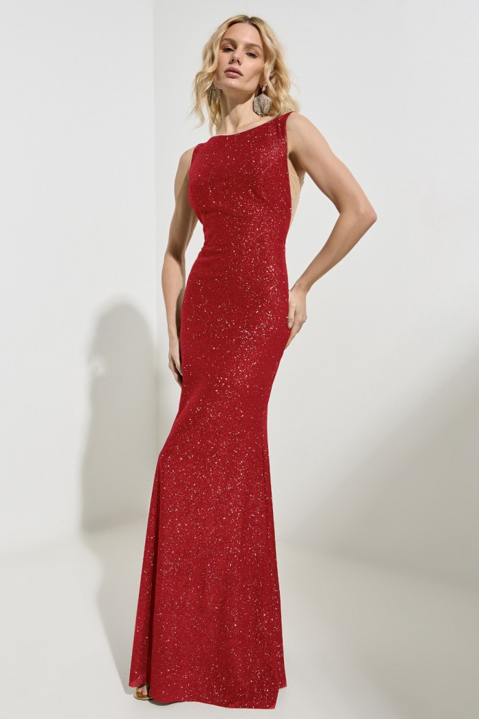 Длинное силуэтное платье с открытой спиной без рукава из блестящей ткани - МЕДЛЕННЫЙ ТАНЕЦ | Paulain