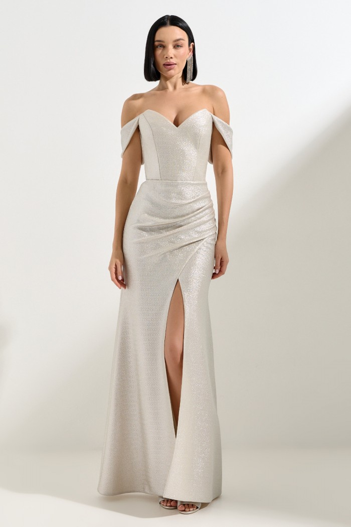 Роскошное блестящее платье в пол по фигуре со съемными рукавами-крылышками - БЕЗ КОМПРОМИССОВ | Paulain
