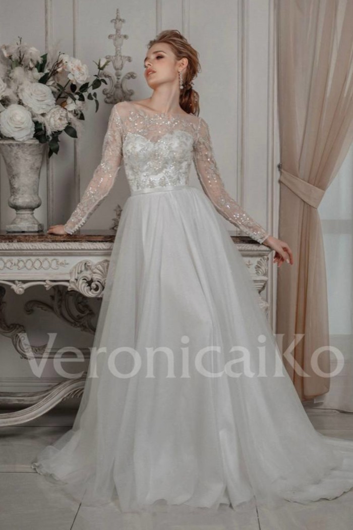 Блестящее свадебное платье А-силуэта с кружевным лифом и длинным рукавом - SV 339 | Paulain