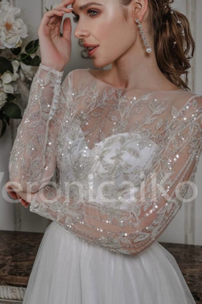 SV 339 - Блестящее свадебное платье А-силуэта с кружевным лифом и длинным рукавом | Paulain