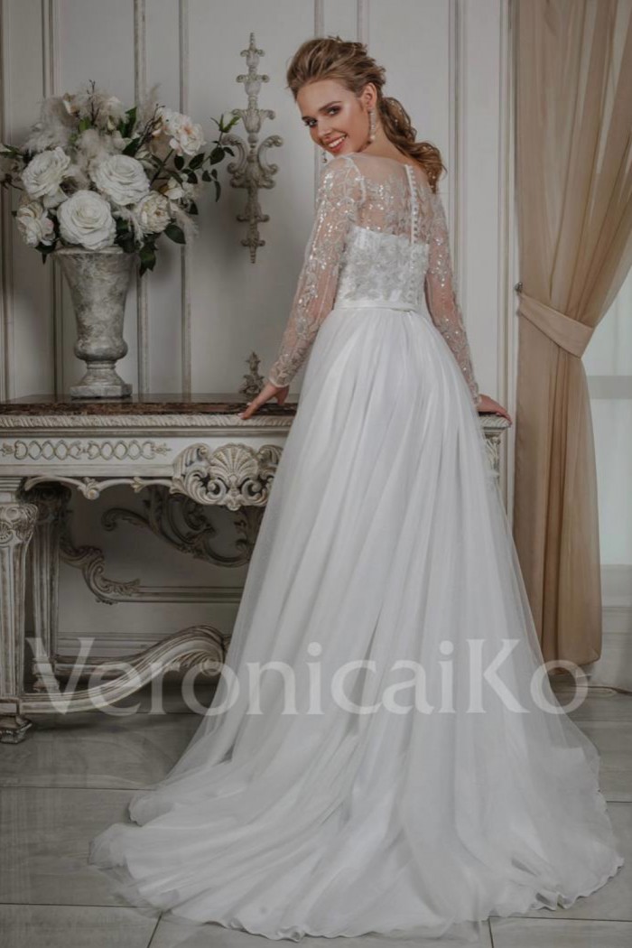 SV 339 - Блестящее свадебное платье А-силуэта с кружевным лифом и длинным рукавом | Paulain