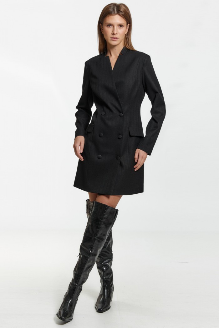 Черное платье длины миди с длинным рукавом и поясом - 5-2867-4 | Paulain