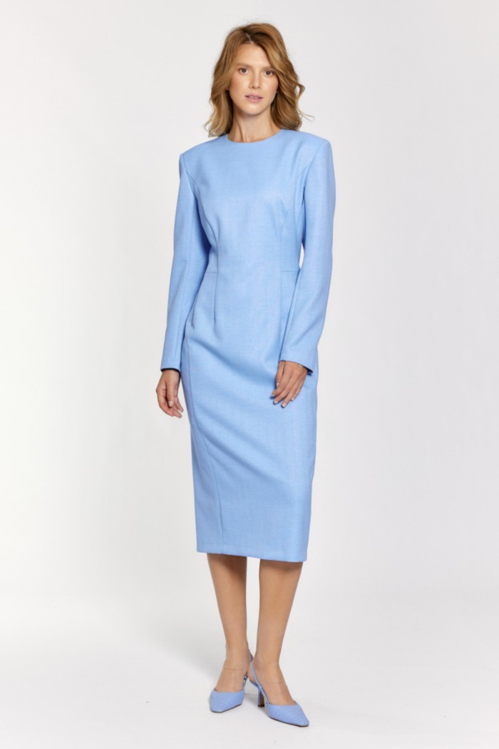 Голубое платье из плотной ткани миди длины с длинным рукавом  - ПЛАТЬЕ 5620-19 | Paulain