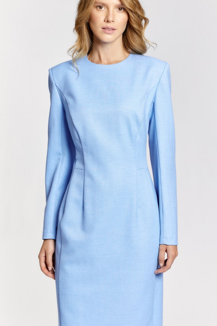 ПЛАТЬЕ 5620-19 - Голубое платье из плотной ткани миди длины с длинным рукавом  | Paulain