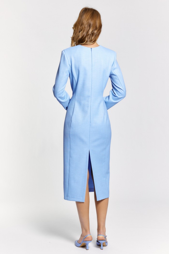 ПЛАТЬЕ 5620-19 - Голубое платье из плотной ткани миди длины с длинным рукавом  | Paulain