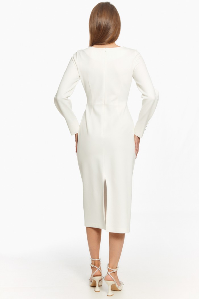 ПЛАТЬЕ 5651-8 - Трендовое платье с рукавом миди длины молочного оттенка | Paulain