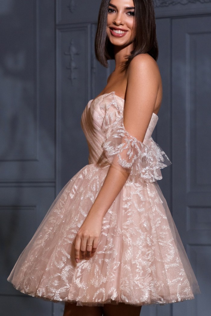 БЕККА - Пышное короткое платье нежного цвета с корсетом и открытыми плечами | Paulain