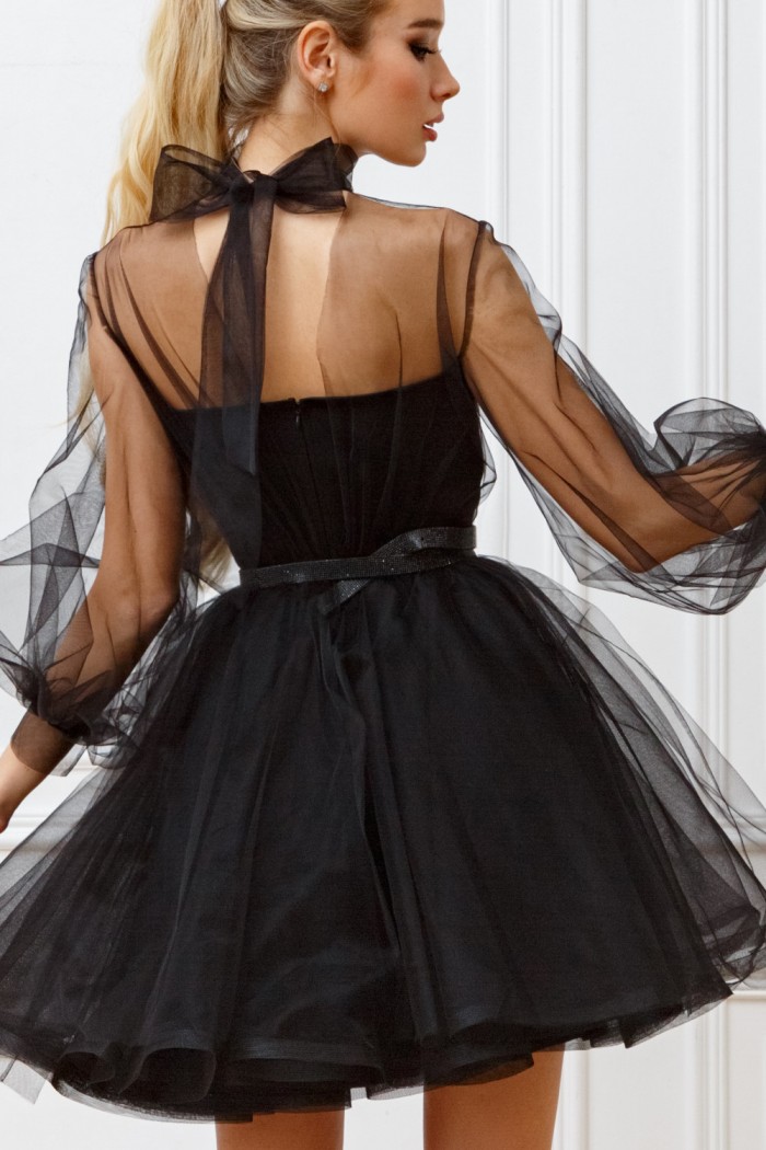 БОББИ - Коктейльное платье в стиле 60-х с корсетом, полупрозрачными рукавам и пышной юбкой | Paulain