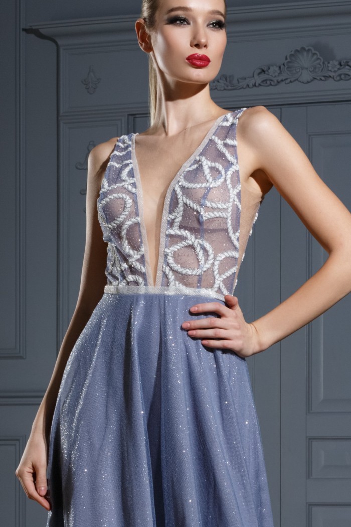СЕЛИН - Обворожительное длинное вечернее платье с прозрачным лифом и глубоким декольте | Paulain