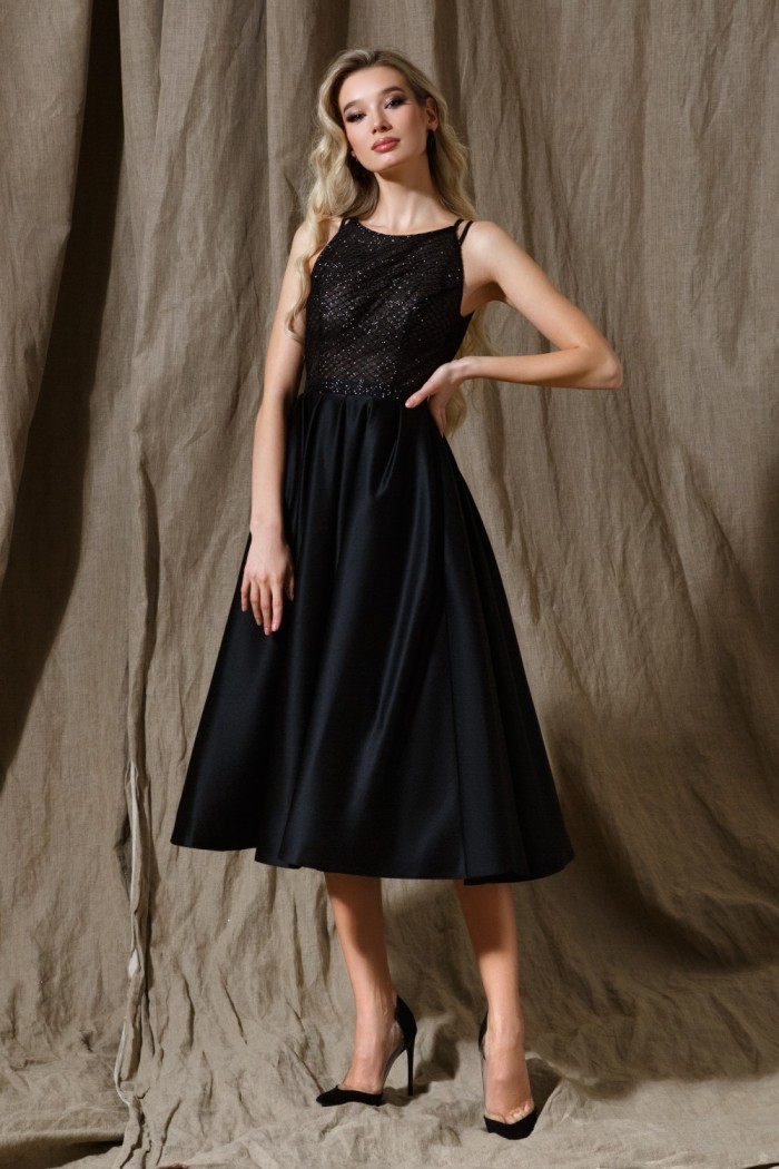 Коктейльное атласное платье длины миди с глиттерным лифом и юбкой с карманами - ИНГЕ | Paulain