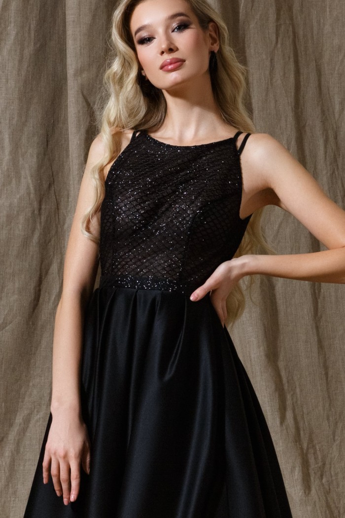 ИНГЕ - Коктейльное атласное платье длины миди с глиттерным лифом и юбкой с карманами | Paulain