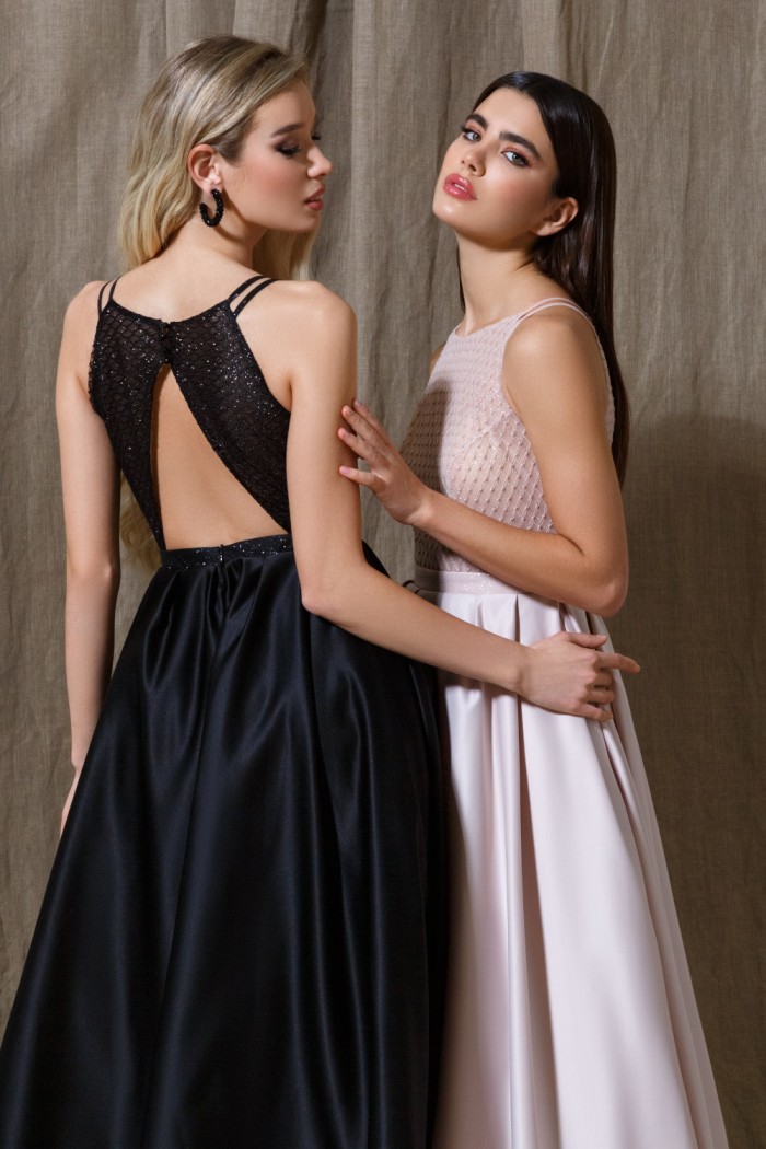 ИНГЕ - Коктейльное атласное платье длины миди с глиттерным лифом и юбкой с карманами | Paulain
