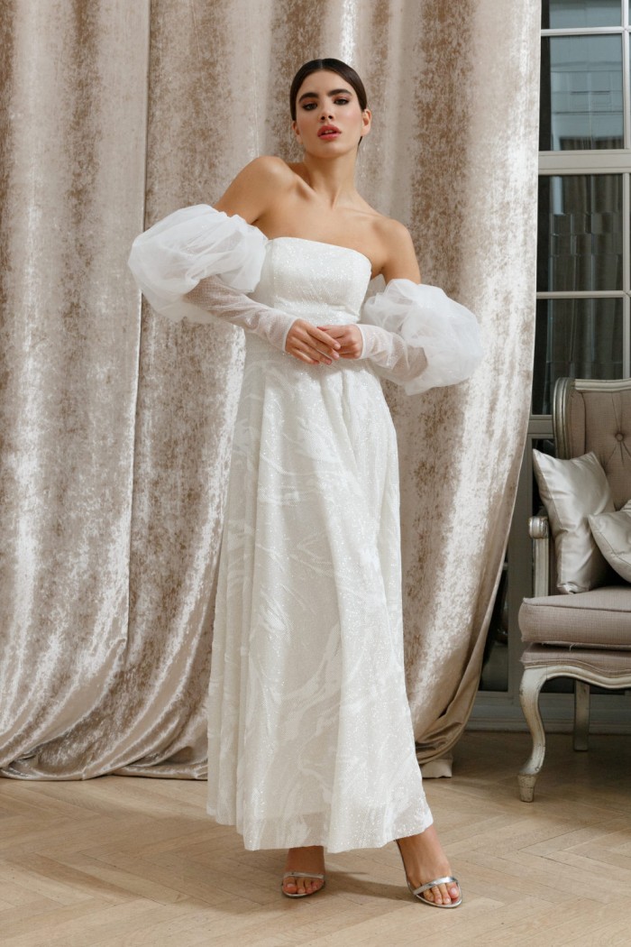 Белое платье с мягким лифом, длинной юбкой и съемными пышными рукавами - МАККЕНЗИ | Paulain