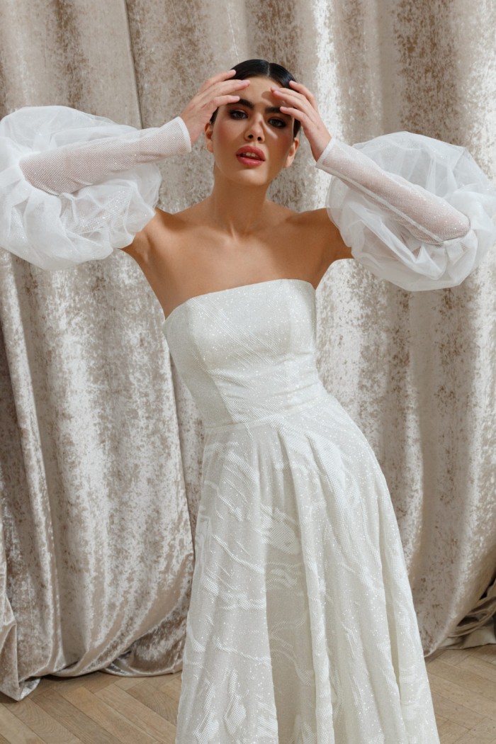 МАККЕНЗИ - Белое платье с мягким лифом, длинной юбкой и съемными пышными рукавами | Paulain