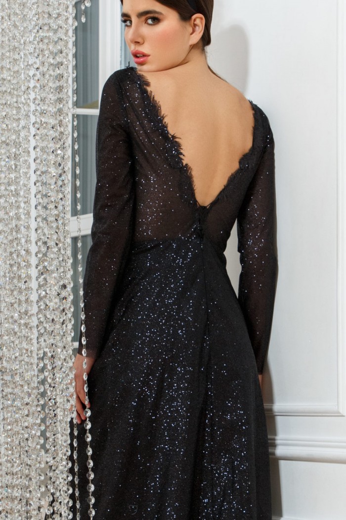 ВИНЧЕНСА - Элегантное черное вечернее платье с открытой спиной и длинными рукавами | Paulain