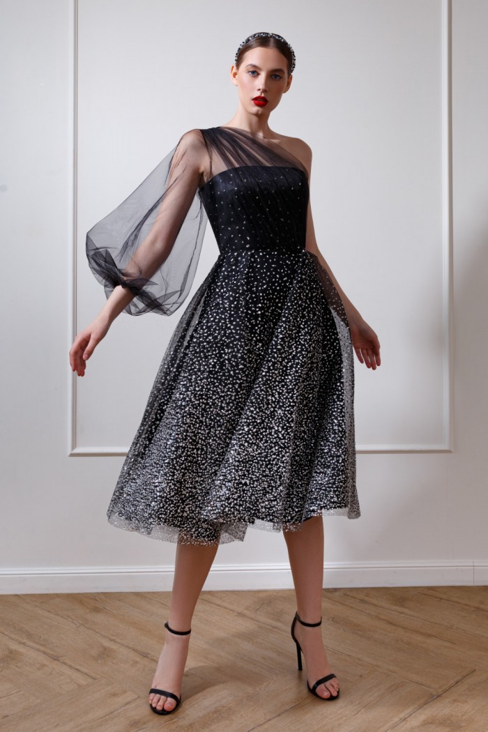Блестящее коктейльное платье миди длины с ассиметричным рукавом и эффектом омбре - ДЕВА МИДИ | Paulain