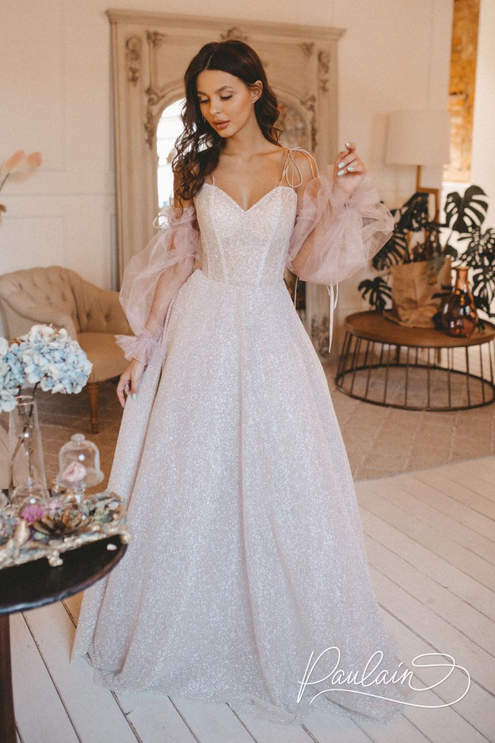 АНЖЕЛИКА Лайт Вечернее блестящее платье с открытыми плечами и со съемными рукавами - АНЖЕЛИКА Лайт | Paulain