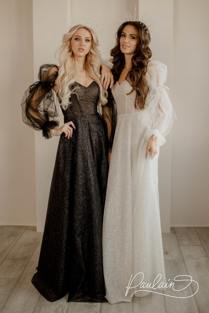 АНЖЕЛИКА Лайт АНЖЕЛИКА Лайт - Вечернее блестящее платье с открытыми плечами и со съемными рукавами | Paulain