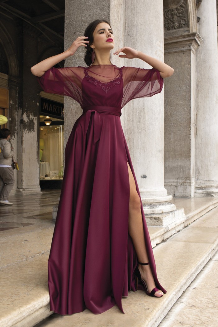 ГВЕН - Длинное вечернее платье с высоким разрезом и прозрачной блузкой | Paulain