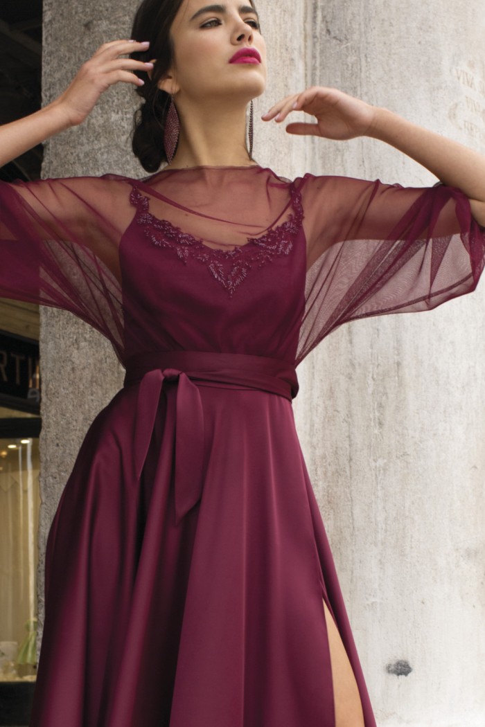 ГВЕН - Длинное вечернее платье с высоким разрезом и прозрачной блузкой | Paulain