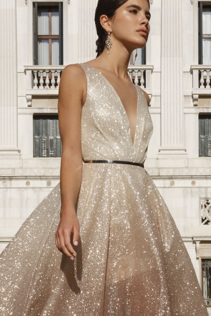 МЕЛИСЕНТА Бурбон - Потрясающее вечернее платье А-силуэта из искрящейся ткани с эффектом омбре | Paulain