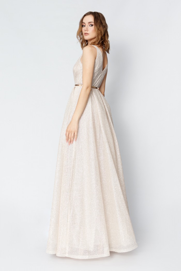 МЕЛИСЕНТА ЛАЙТ - Вечернее глиттерное платье без рукава в пол с металлическим поясом | Paulain