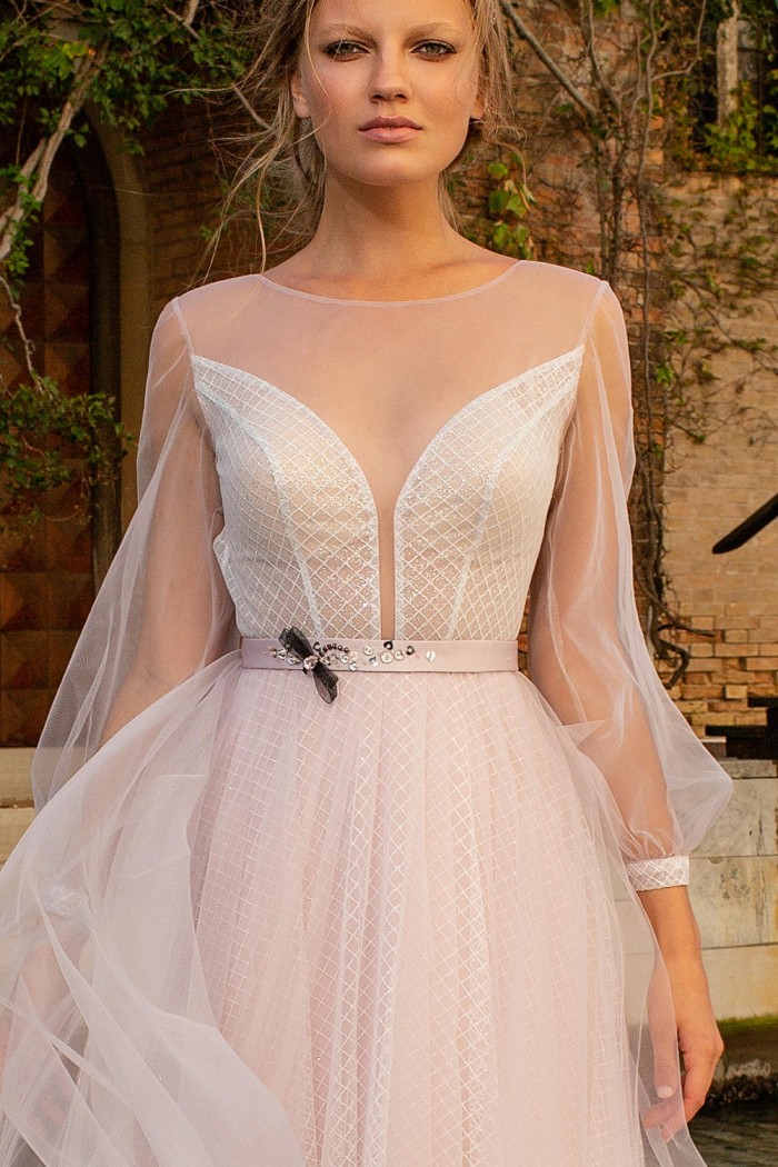 ОФЕЛИЯ - Утонченное платье серебристо-розового цвета с рукавом и открытой спинкой  | Paulain
