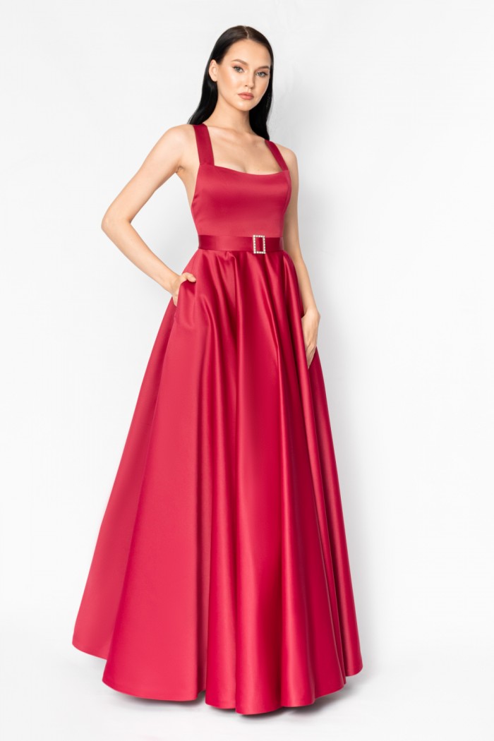 ЙОКО - Атласное вечернее платье с широкими лямками и поясом | Paulain