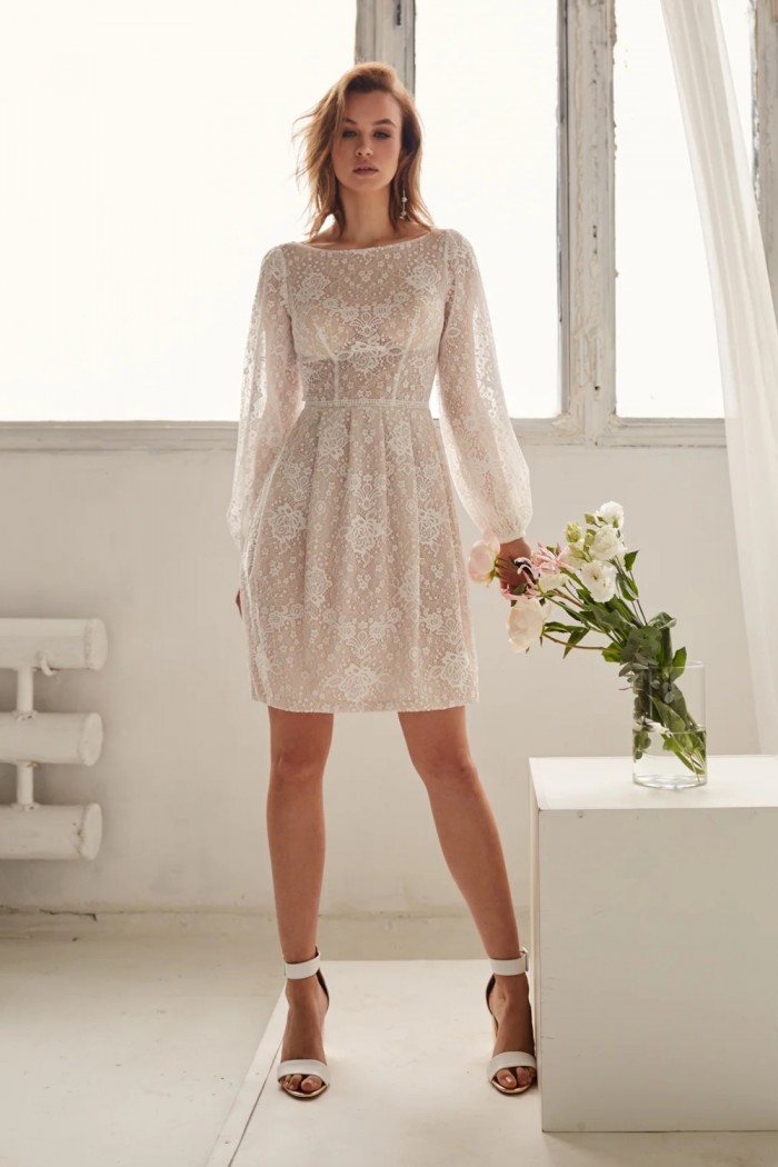 Свадебное кружевное платье-мини с длинным рукавом - ДЖОСС | Paulain